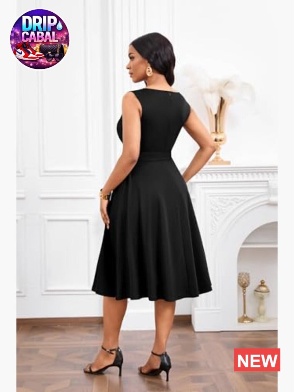 Sleeveless V-Neck Cocktail Dress with Belt and Pockets - Picture 4 of 7